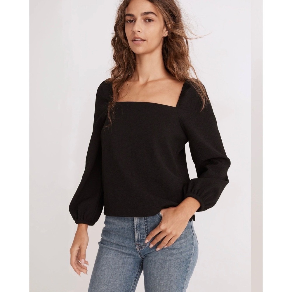 Madewell Black Textured Crepe Square Neck Puff Sleeve Blouse‎ Top Medium